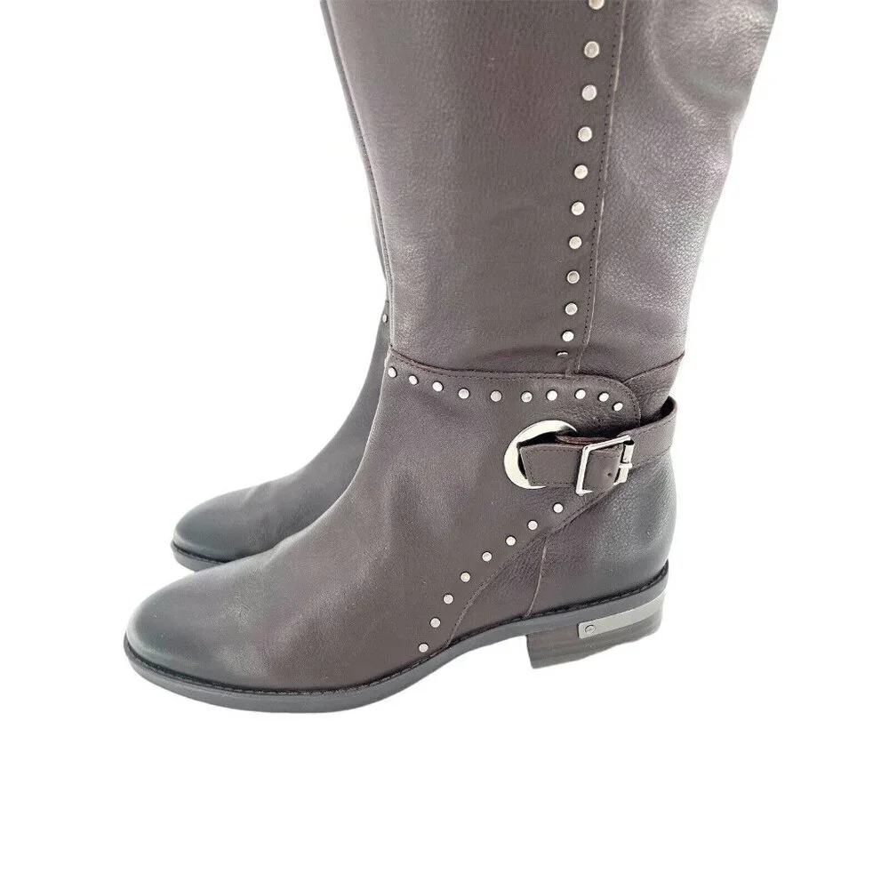 Vince Camuto Poppidal Boots Studded Brown Leather Tall Riding Boot SZ 6 New